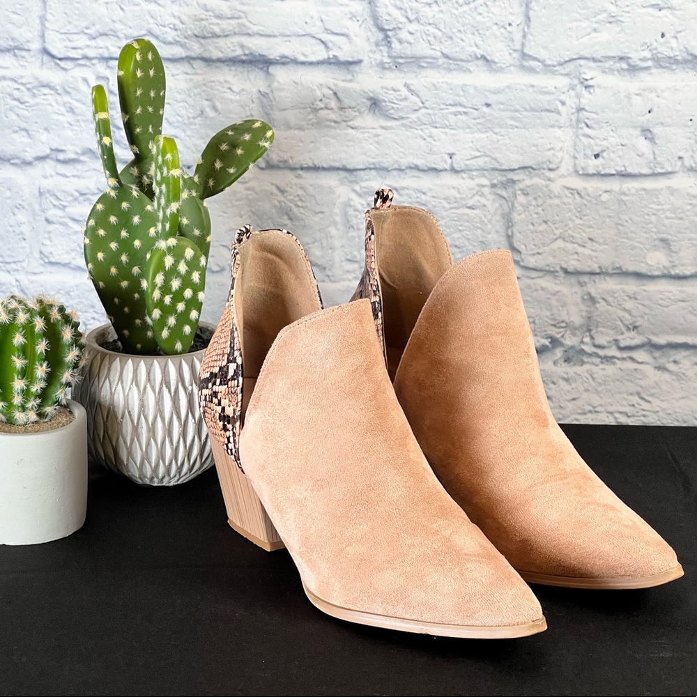 Tan / Python Print Suede Cutout Booties - image 2